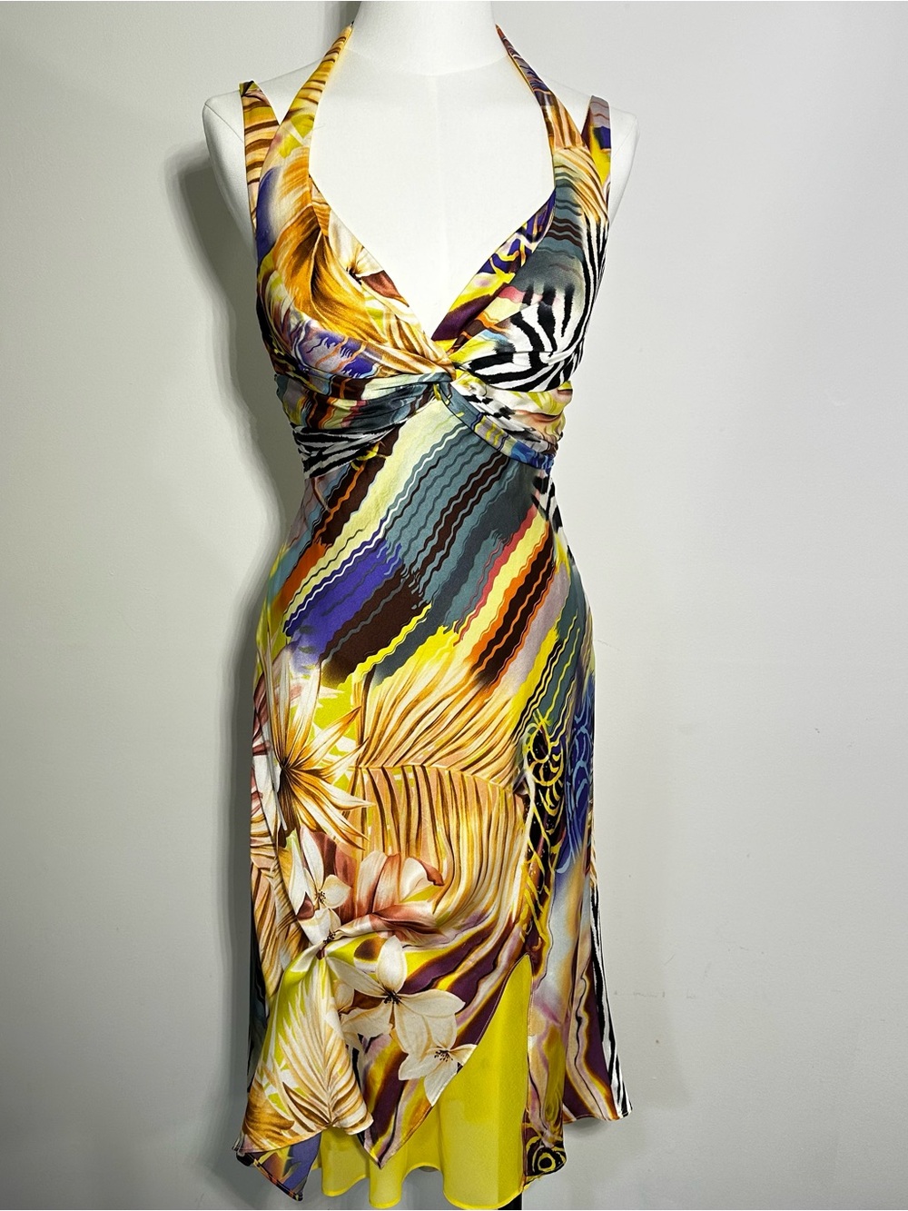 Mary L Couture Yellow Multi Tropical Twist Midi Dress